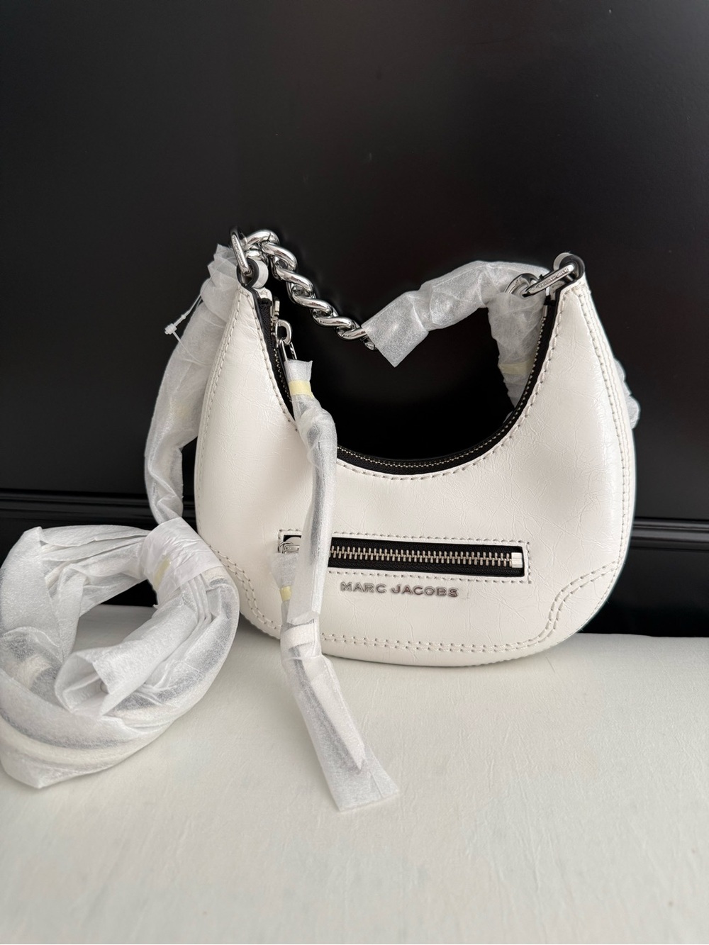Marc Jacobs White Crescent Shoulder Bag with Silver Chain and Crossbody Strap